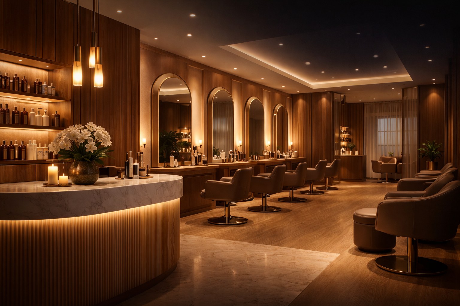 Luxury Indian salon interior with warm gold lighting and marble reception