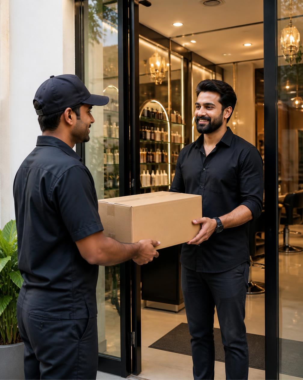 Courier delivering a salon supplies order to a salon owner