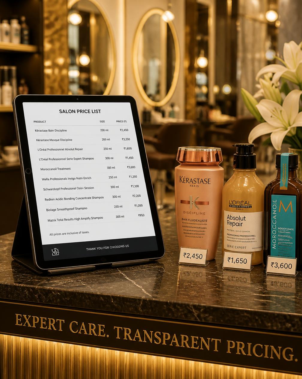 Salon reception desk with clearly displayed product pricing